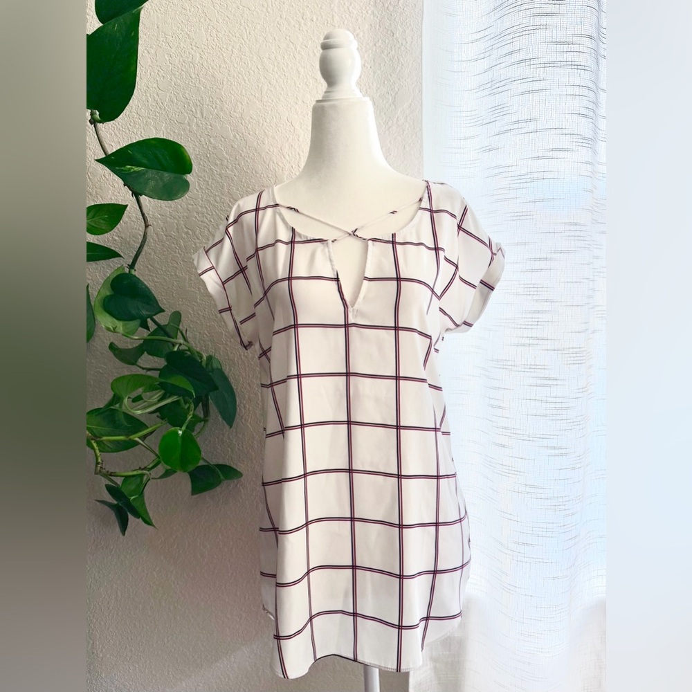 Express Red, White, and Blue Plaid Windowpane Notch-Neck Short Sleeve Blouse